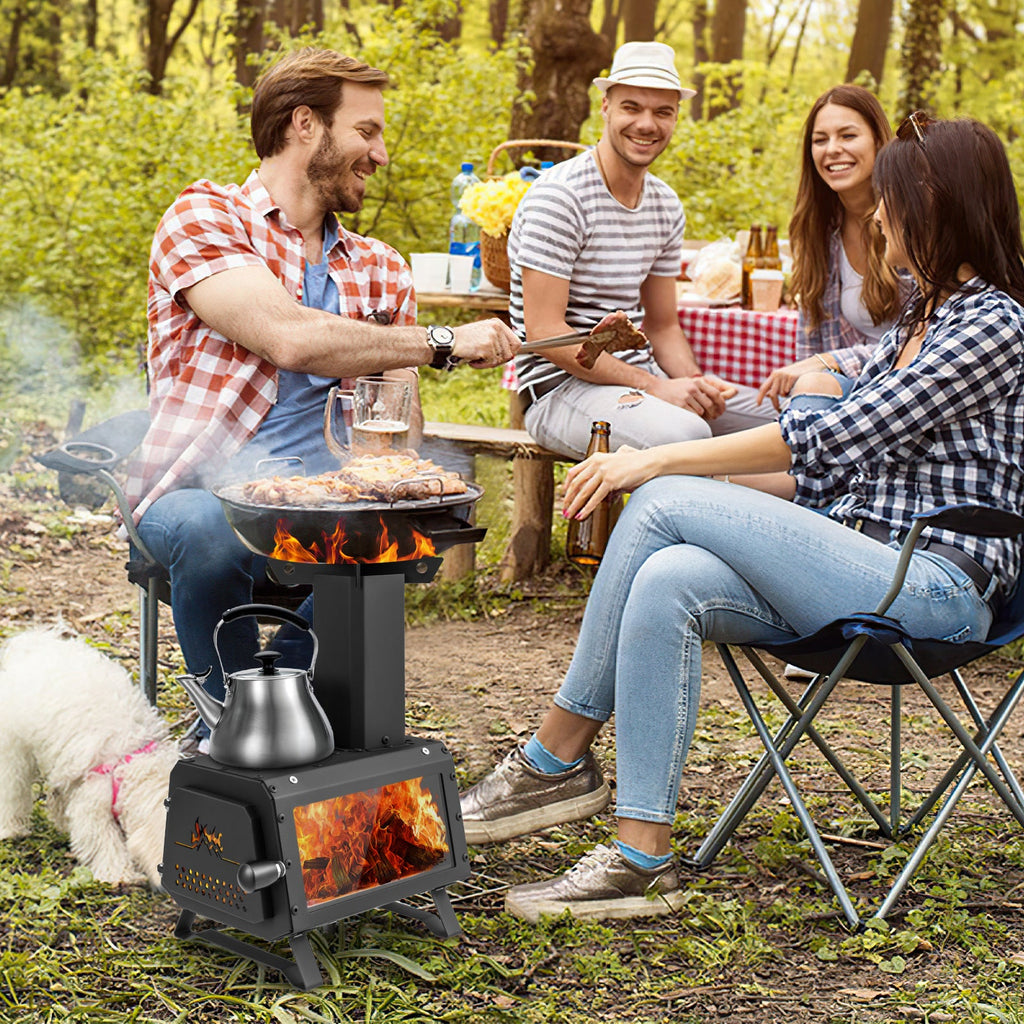 Patented Portable Wood Camping Burning Stove Heater with 2 Cooking Positions