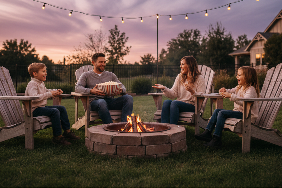 Family sitting around a fire pit under string lights at dusk